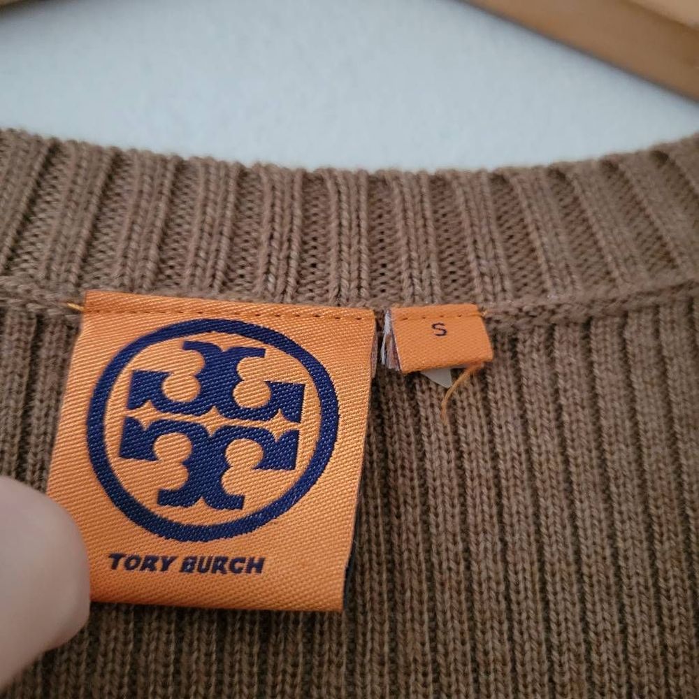 Tory Burch Wool and Suede Leather Sweater V-neck Small Brown - Picture 2 of 6
